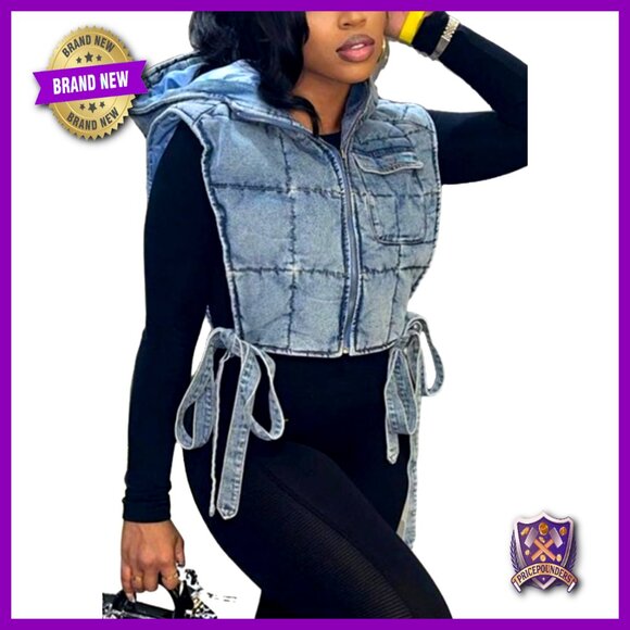 Denim Cropped Puffer Vest Sleeveless Zip Hoodie Y2K Streetwear Outerwear